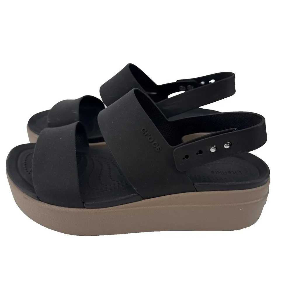 Crocs Brooklyn Low Wedge Platform Sandals Women 9 Black Cashew Strappy Slingback